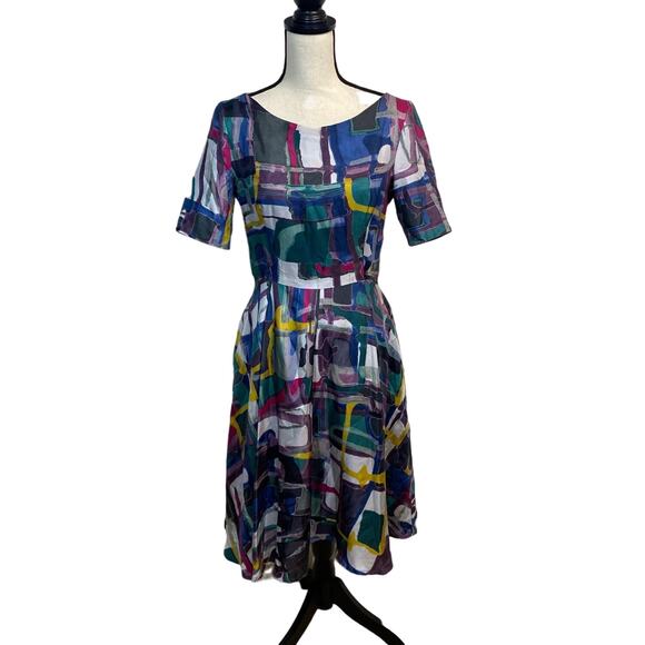 LaVie Retro Watercolor Silk Fit & Flare Dress - Picture 1 of 9